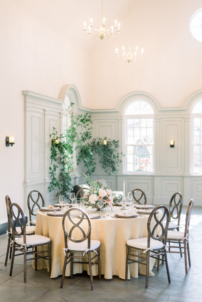 Dinner setup for ten at a historic chapel venue for an intimate micro wedding elopement in charleston sc