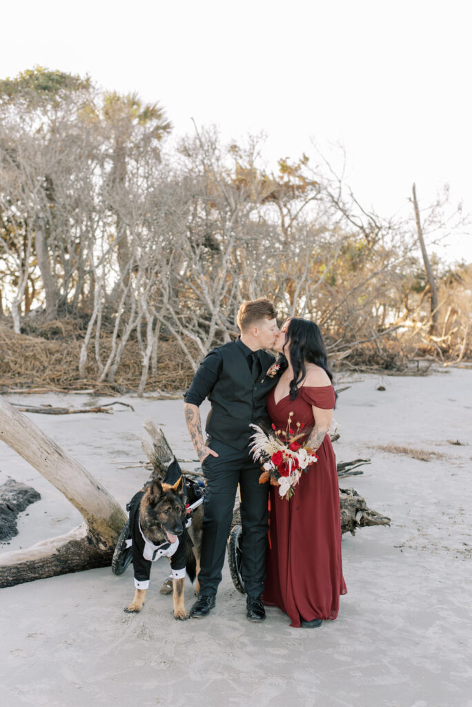 Bride and bride wearing black and burgundy kissing in front of driftwood with their handicapped dog