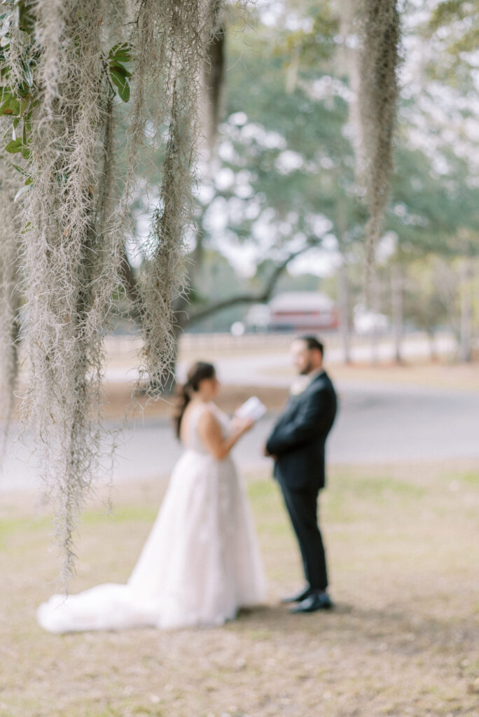 Spanish moss with a bride and groom in the background reading their vows