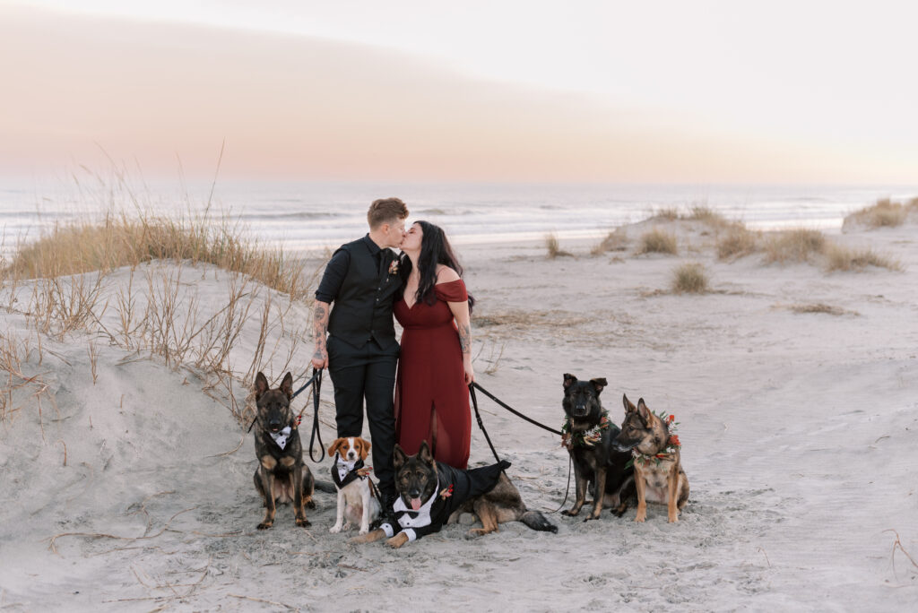 Couple kissing on the beach at sunset with their dogs after their elopement