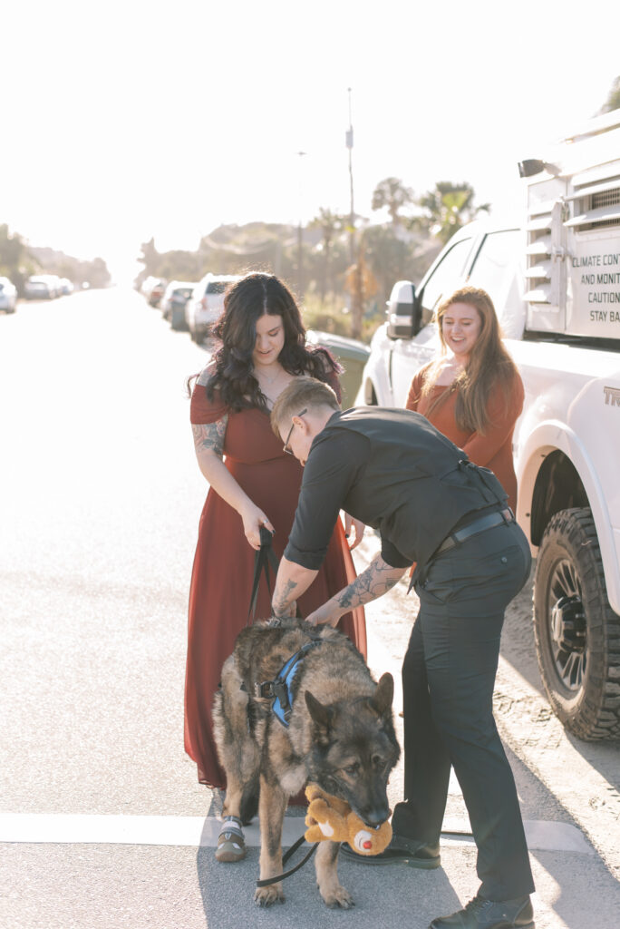 two brides get their dog ready to go to the beach for their elopement